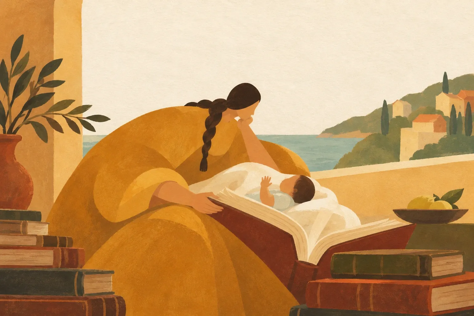 Gemalte Szene: Auf einer Terrasse über dem Meer beugt sich eine Mutter in weitem goldenem Kleid mit langem geflochtenem Zopf über ein aufgeschlagenes altes Buch, in dem ihr Baby wie in einer Wiege liegt. Rundherum Stapel alter Bücher, eine Schale Zitronen, dahinter Zypressen und ein Dorf.
