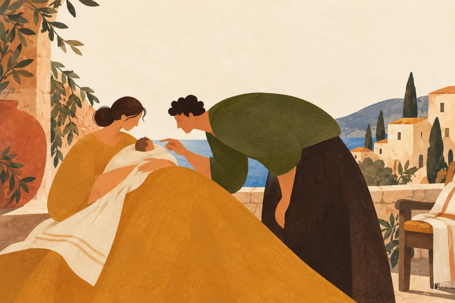 Gemalte Szene: Auf einer Terrasse hält eine Mutter im weiten goldenen Kleid ihr Baby in einem hellen Tuch. Eine Nachbarin in grünem Oberteil und dunklem Rock beugt sich zu ihm hinunter und zeigt mit dem Finger auf das Baby. Dahinter das Meer, ein Dorf mit Zypressen, links ein Terrakottakrug und Olivenzweige.