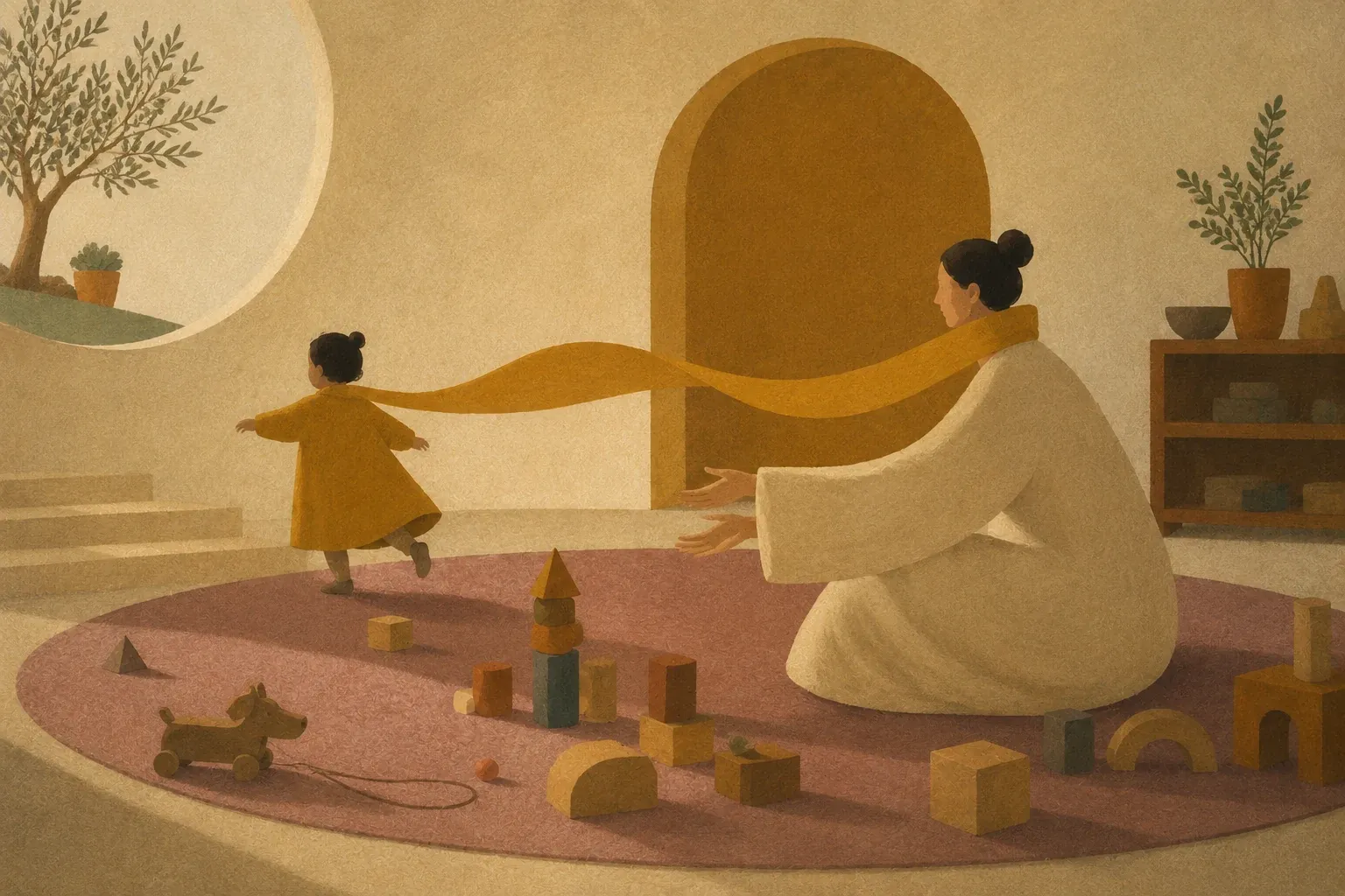 Gemalte Szene: Ein Kind läuft von einer knienden Figur weg. Zwischen beiden spannt sich ein langes goldenes Tuch, das die beiden noch verbindet.